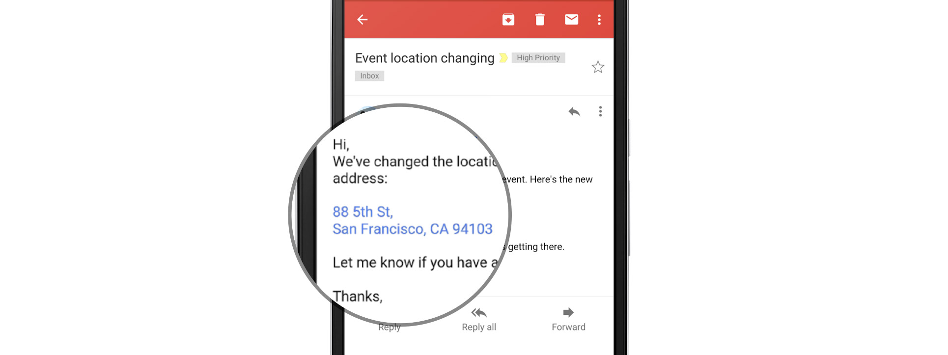 Gmail nền web và app đã tự động nhận diện địa chỉ, số điện thoại, nhấn vào để chỉ đường hoặc gọi