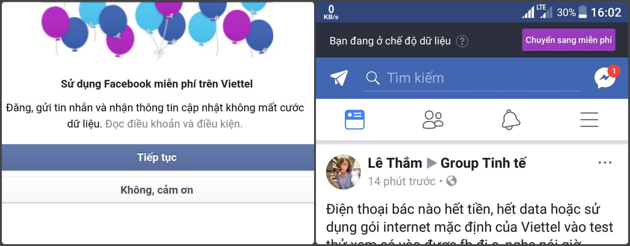 Anh em dùng Viettel có nhận được thông báo dùng Facebook miễn phí không?