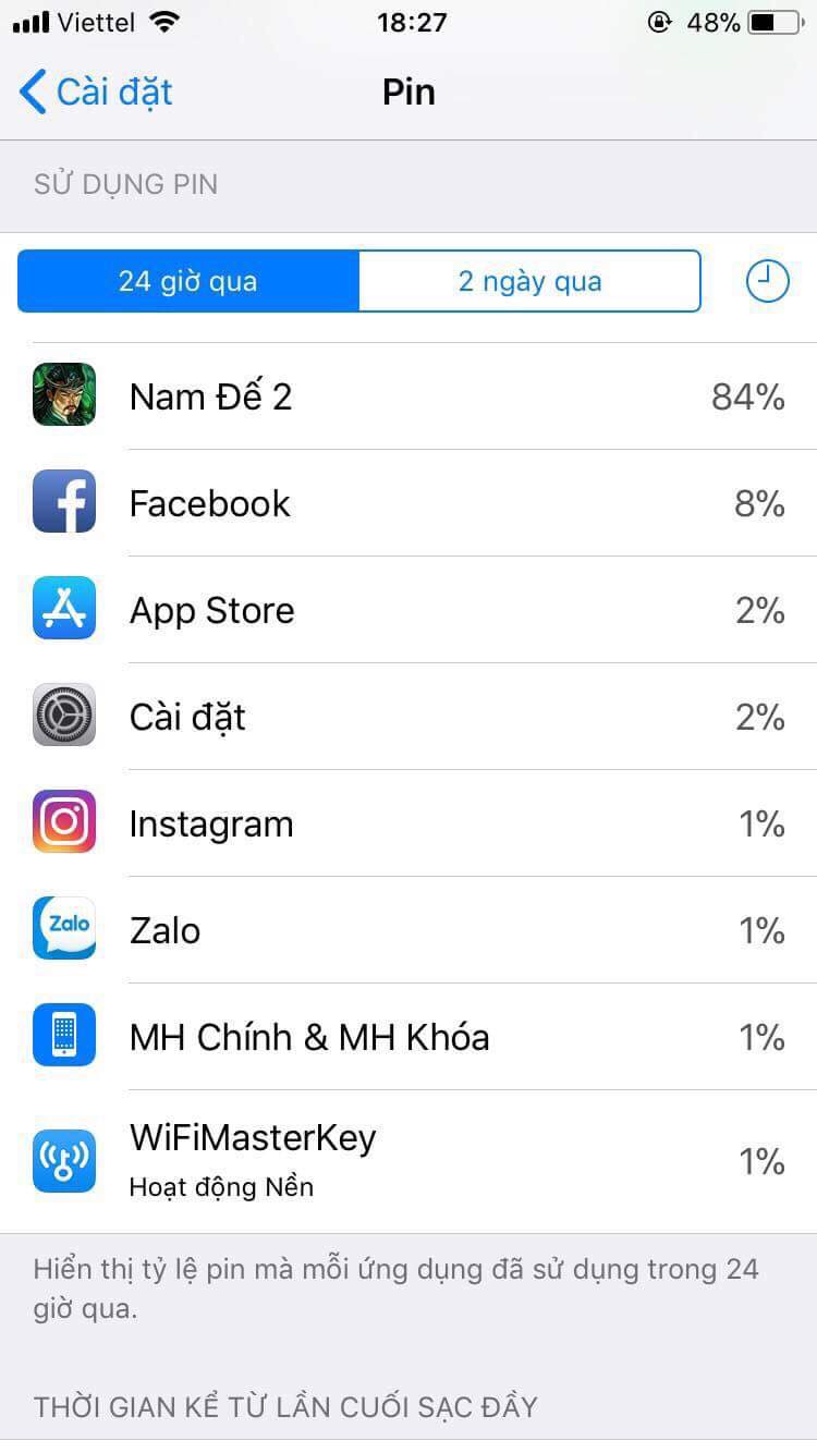 iphone 6s không hiển thị % pin tiêu hao của ứng dụng qua 24h