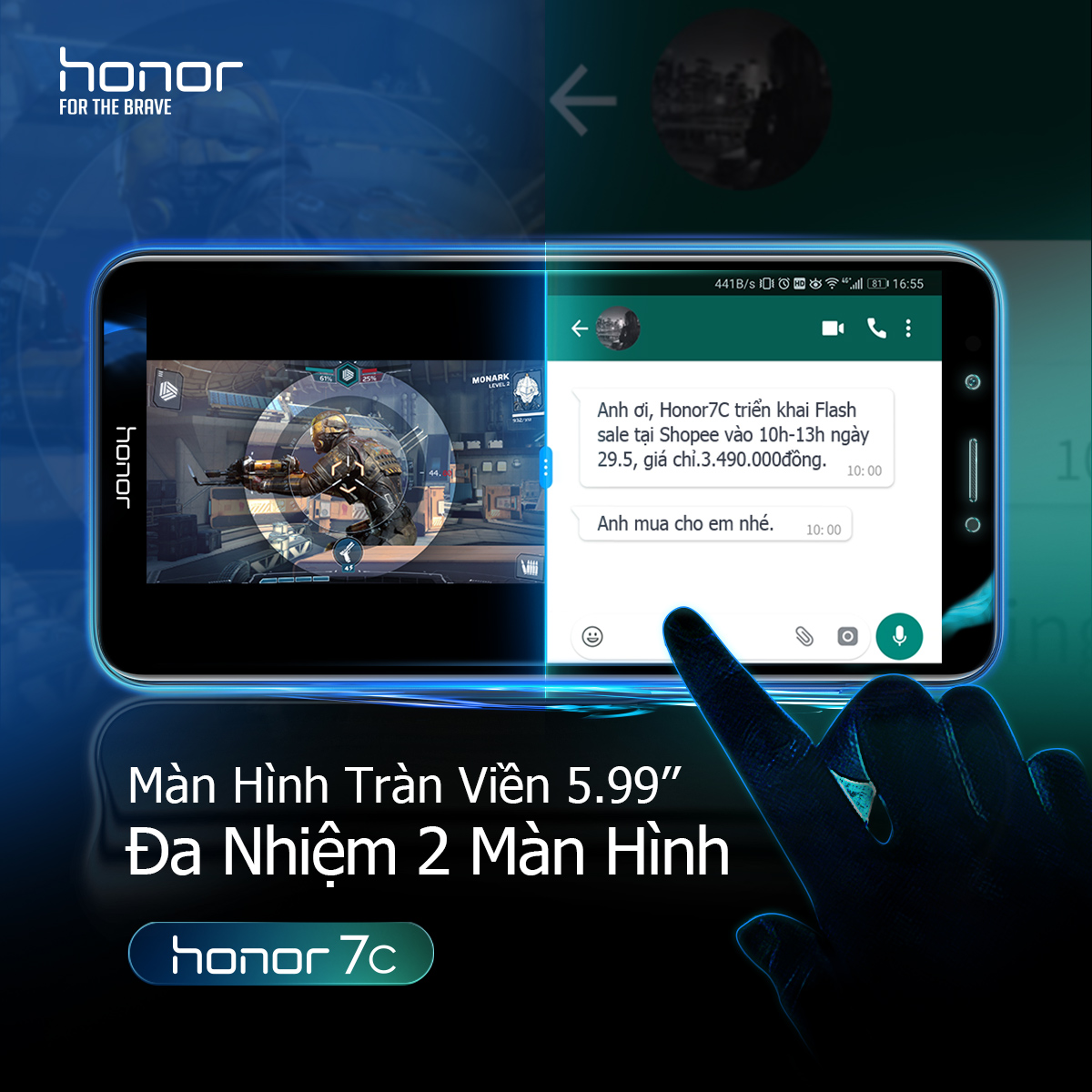 Honor 7c với màn hình tràn viền 5.99'',đa nhiệm 2 màn hình.