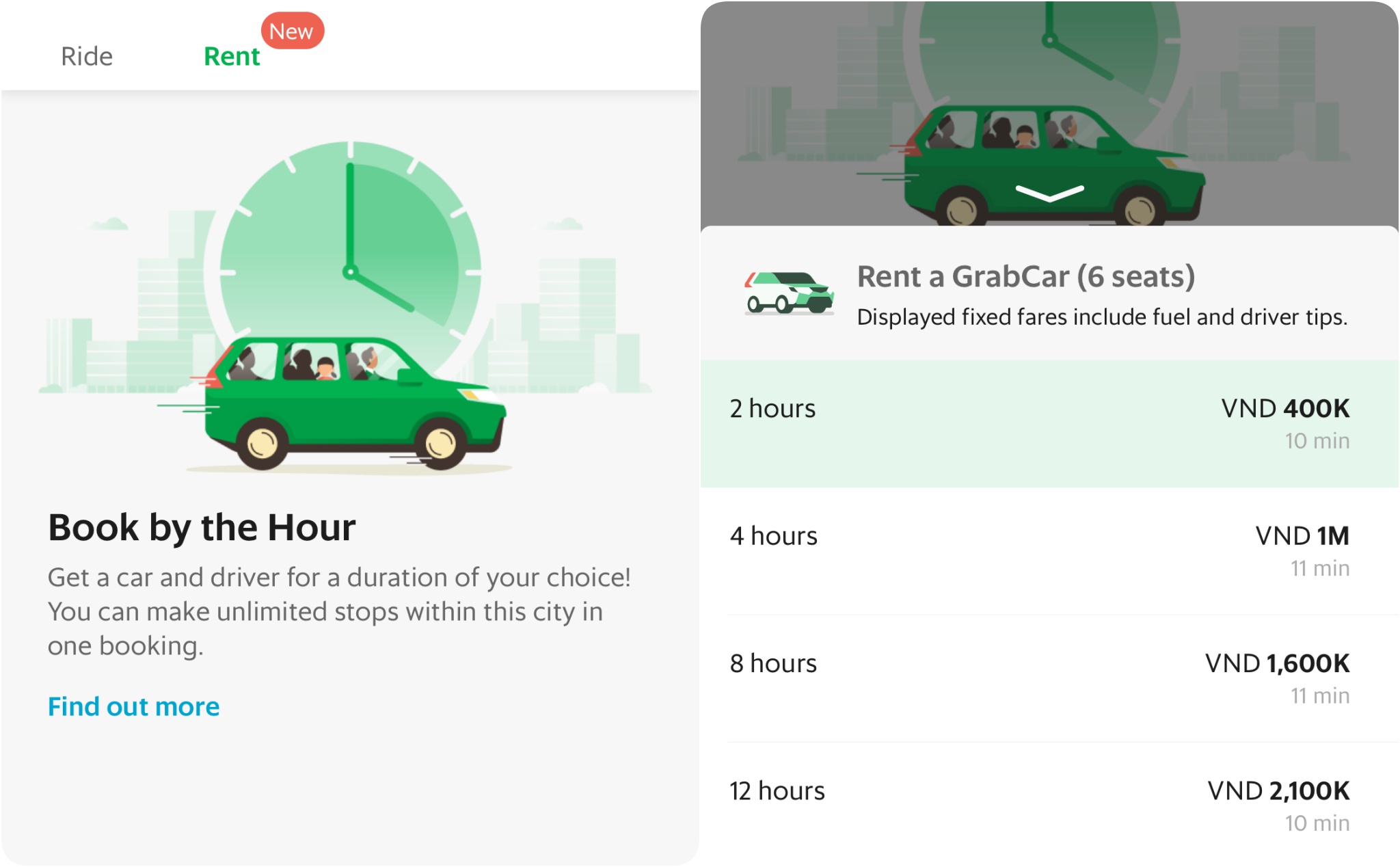 Grab thêm tính năng cho thuê GrabCar theo giờ: 2 tiếng - 400 ngàn, 12 tiếng - 2.1 triệu, bao xăng