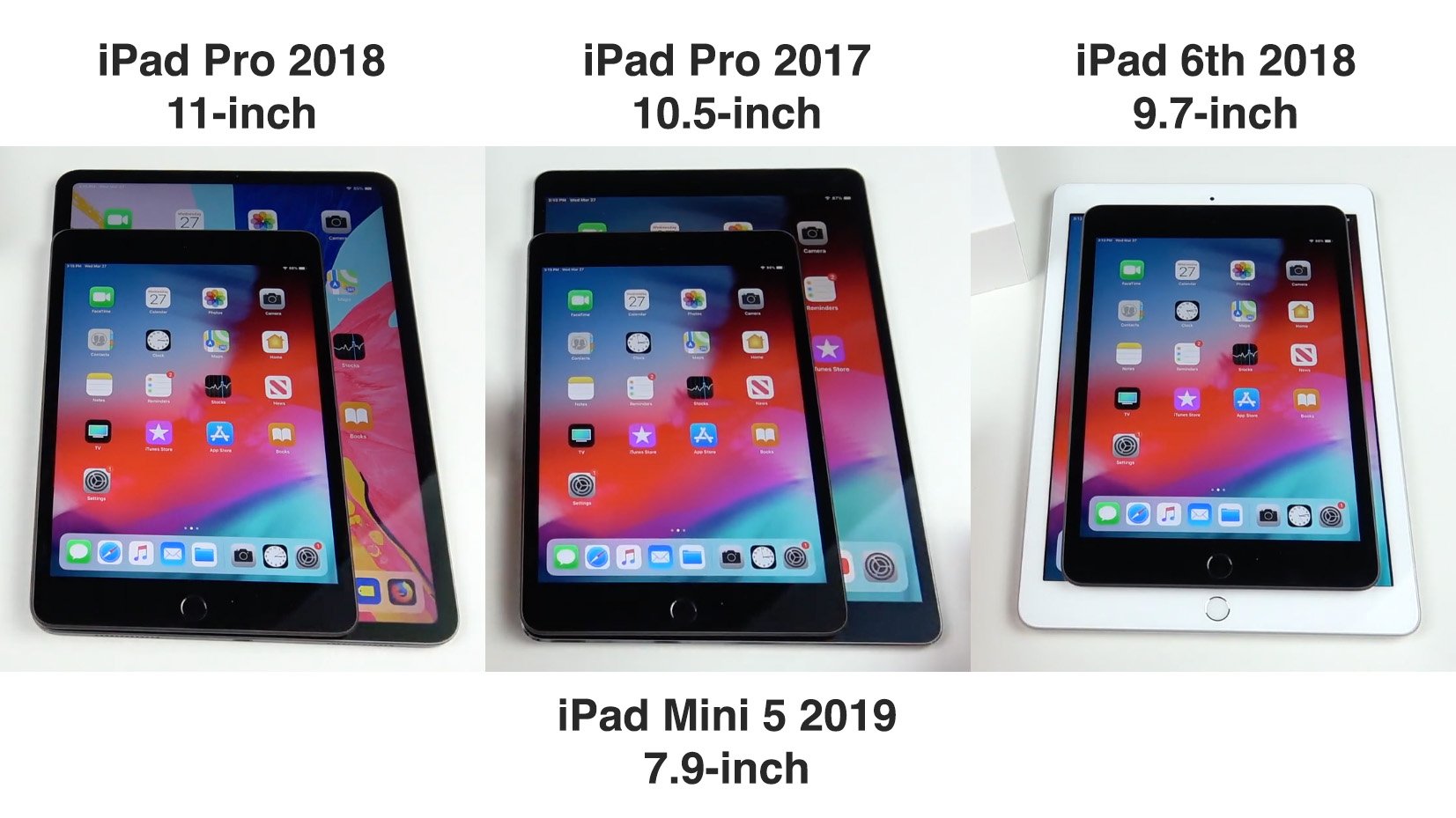 So Sánh kích thước của iPad Mini 5 với 3 con iPads khác.