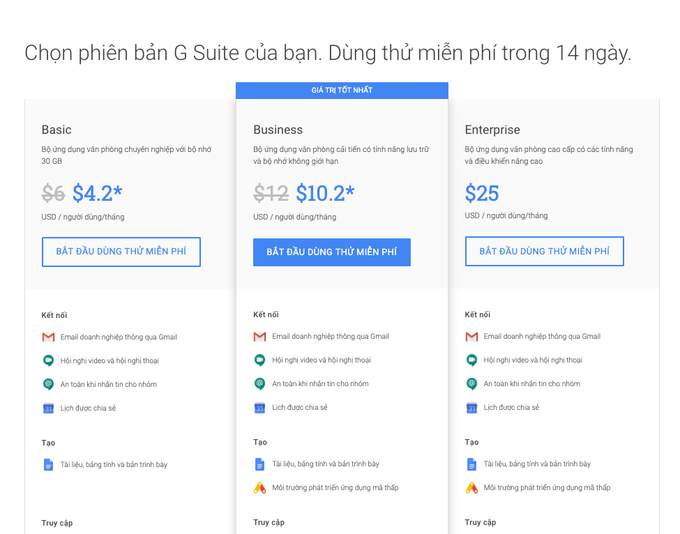 Google chính thức thay đổi giá bán email doanh nghiệp Gsuite