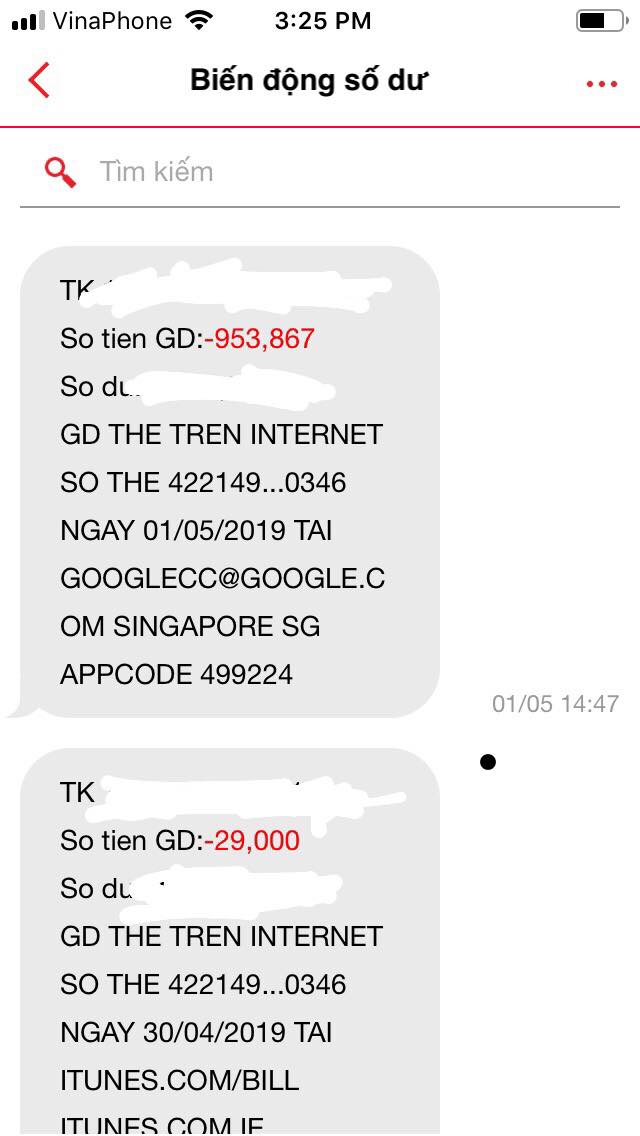 Bị trừ tiền bất ngờ (giao dịch không thực hiện) từ GOOGLECC@GOOGLE.COM SINGAPORE SG