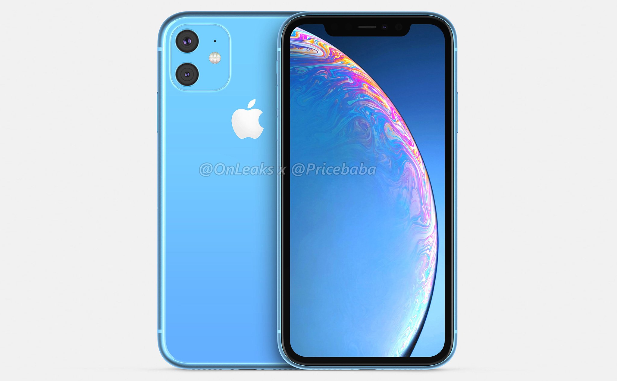 Hình ảnh render iPhone XR 2019 với 2 camera sau đặt thành cụm vuông, mặt trước không đổi