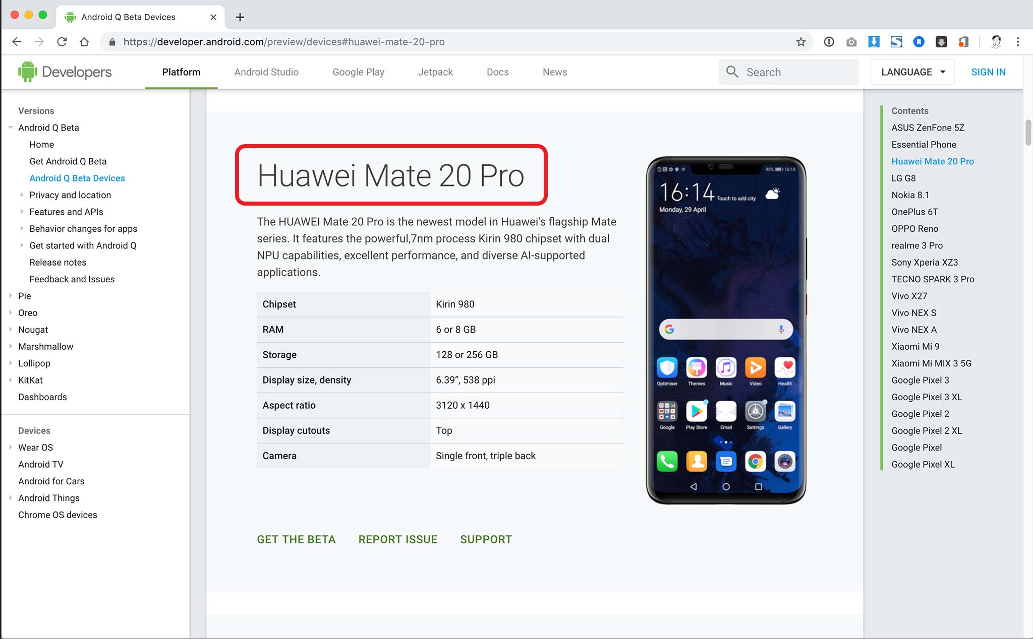 Huawei Mate 20 Pro trở lại danh sách thiết bị thử nghiệm Android Q beta