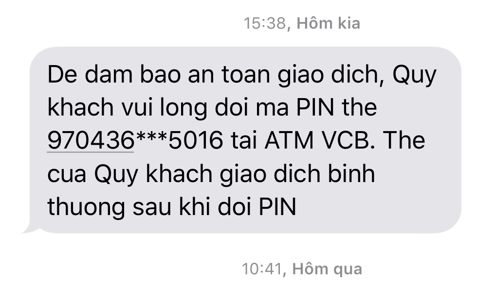 Anh em xài Vietcombank có bị yêu cầu đổi PIN thẻ ATM không?