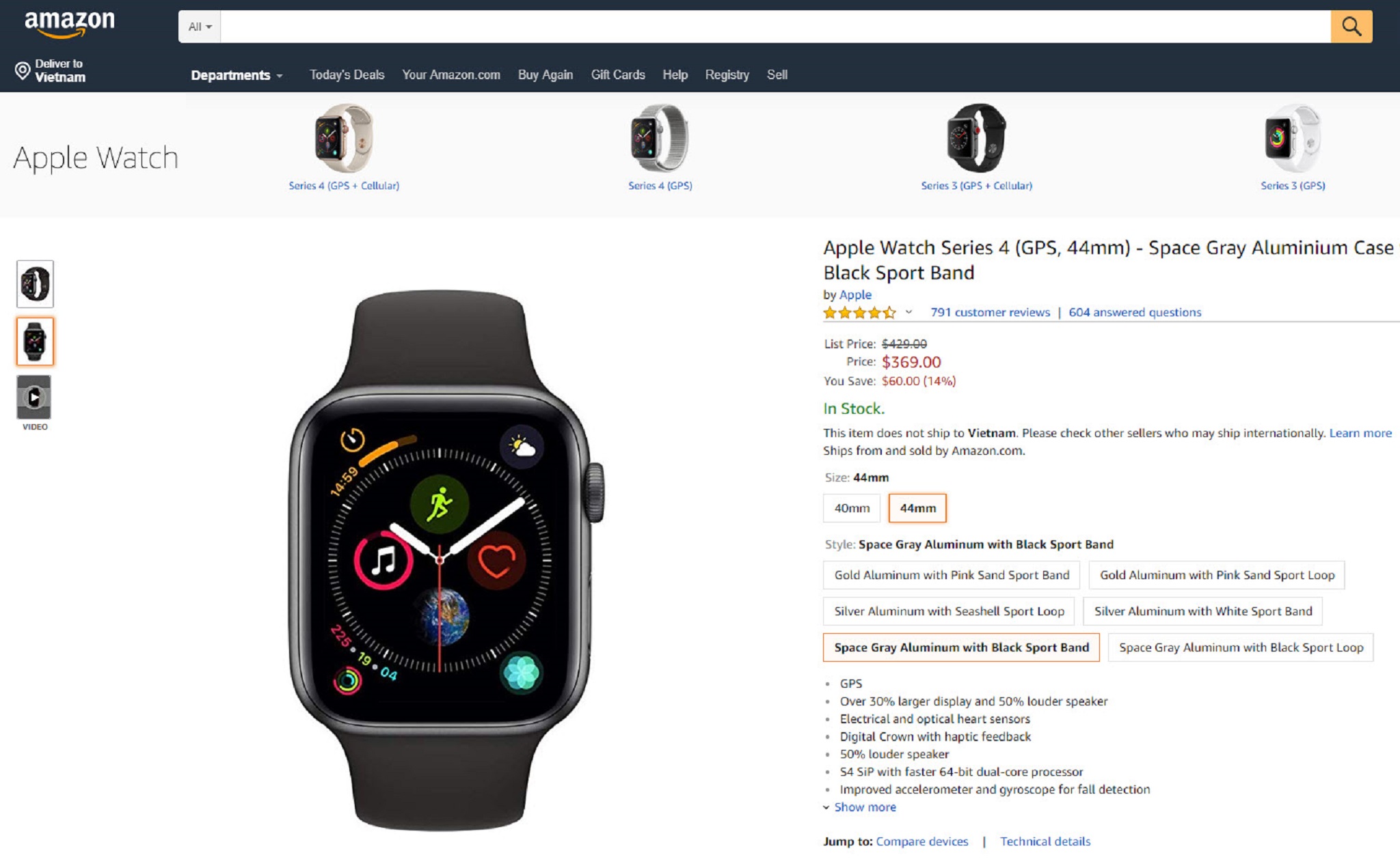 Amazon giảm giá 60$ Apple Watch series 4 cả 2 bản 40mm và 44mm, giá từ 339$