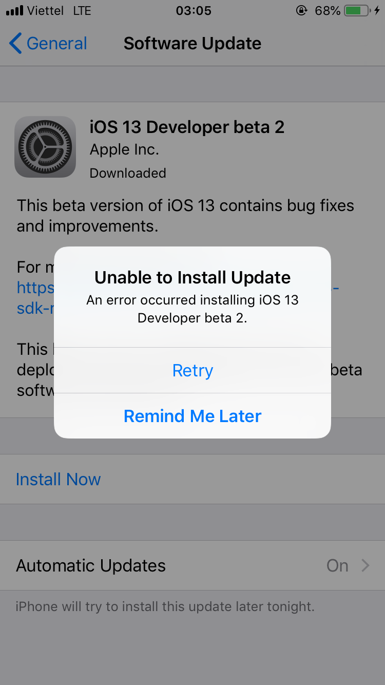 Mình 6S up từ beta iOS 12.4 lên iOS Beta 2 thì gặp lỗi này, fw tải xong rồi lúc xác nhận thì báo...
