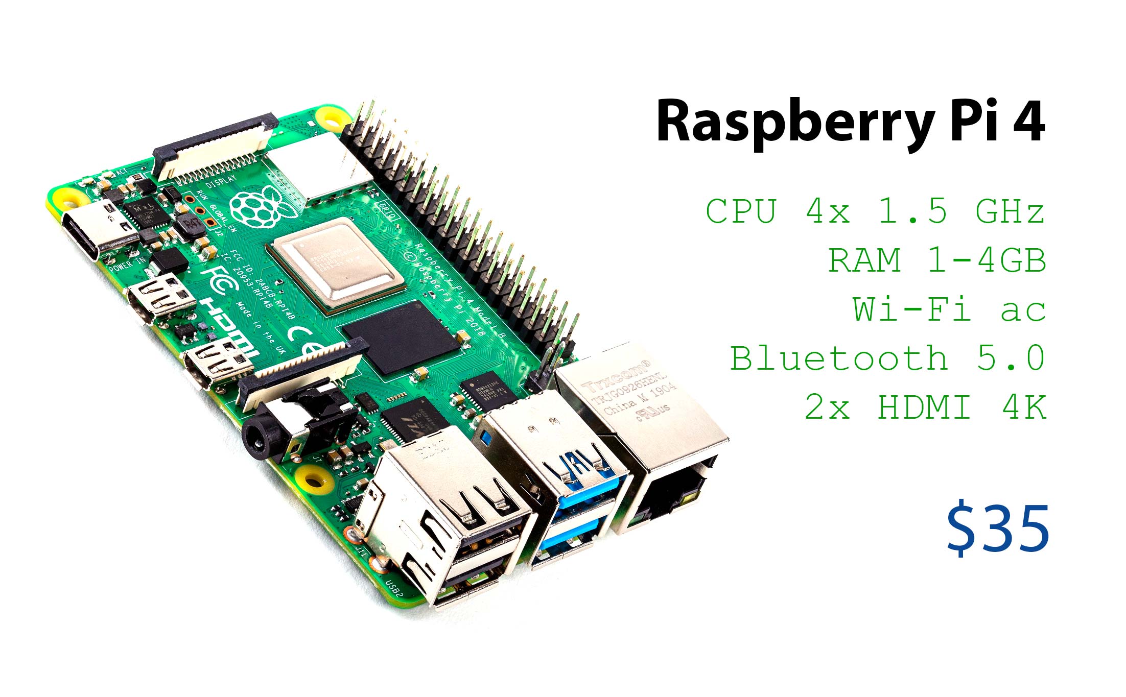 Raspberry Pi 4 chính thức: CPU nhanh hơn 3 lần, xuất 2 màn hình 4K, kết nối nhanh hơn, giá từ $35