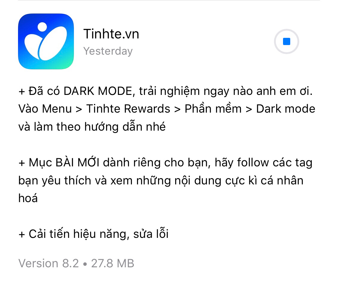 Mấy bác hãy cập nhật ứng dụng Tinh Tế 8.2 để được xài Dark Mode đi nào