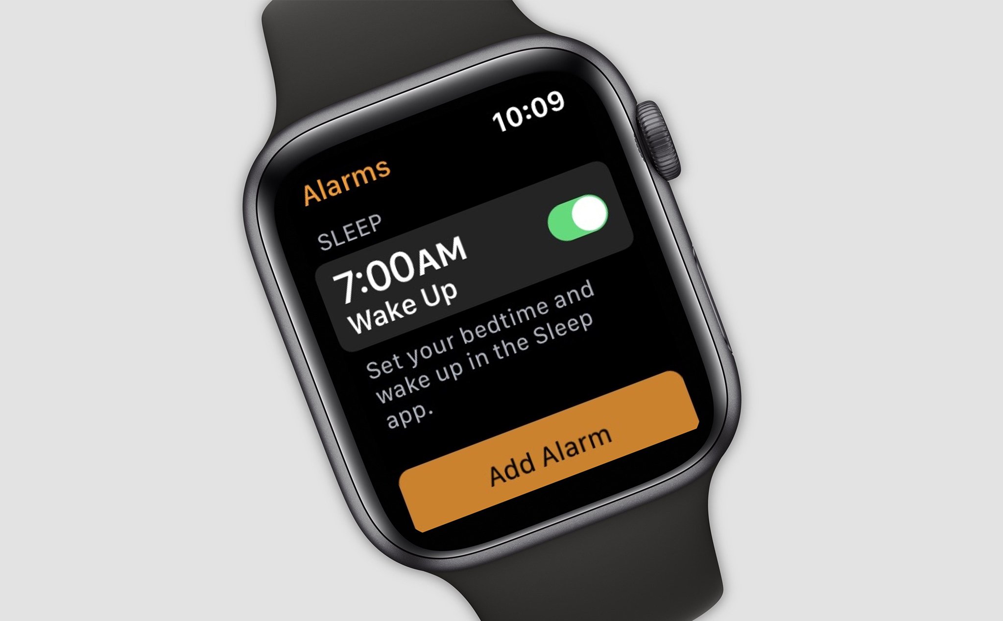 Đây là giao diện báo thức trên Apple Watch có nhắc đến ứng dụng giấc ngủ?