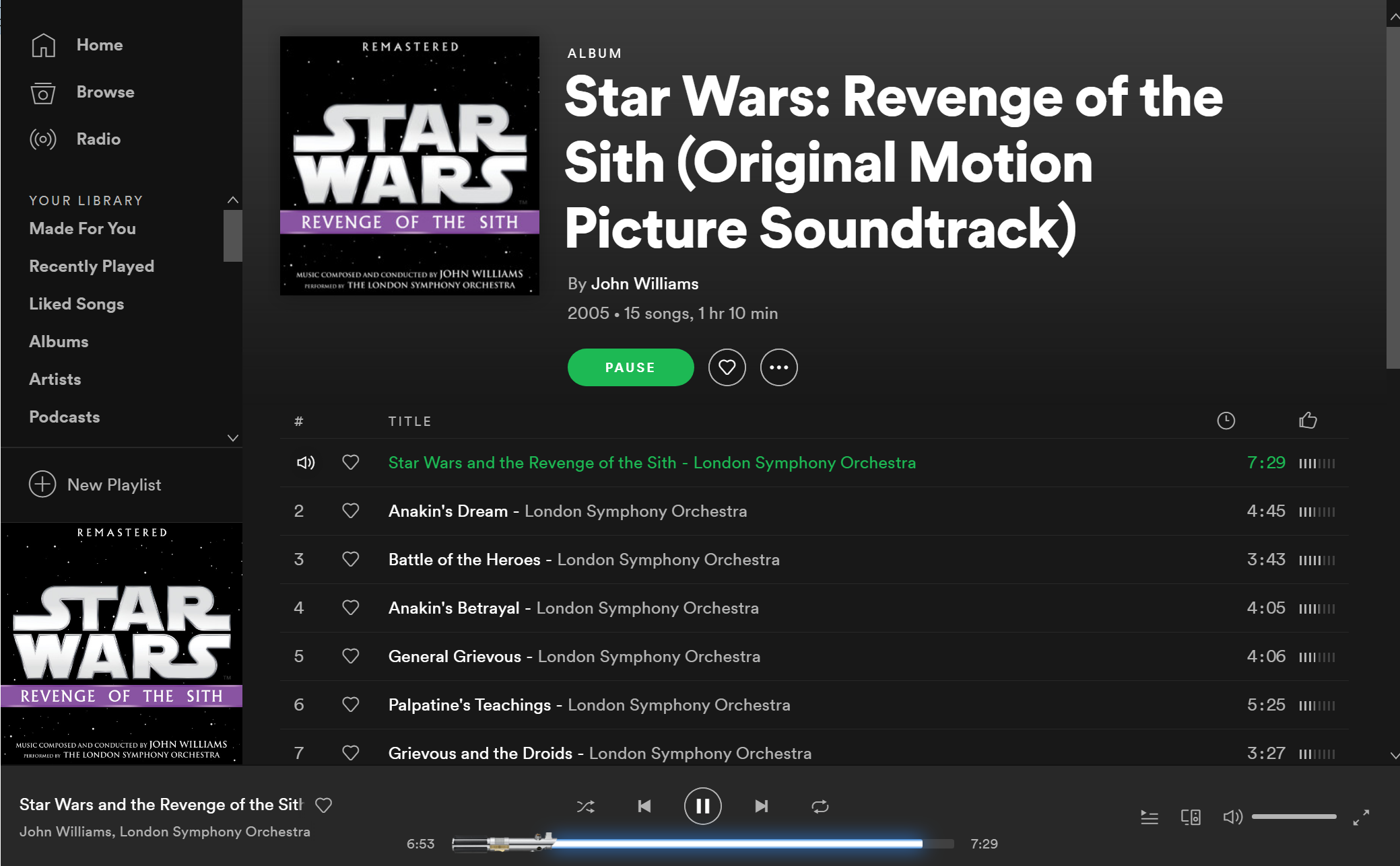 Thanh Playbar sẽ biến thành thanh Lightsaber khi nghe nhạc Star Wars trên Spotify