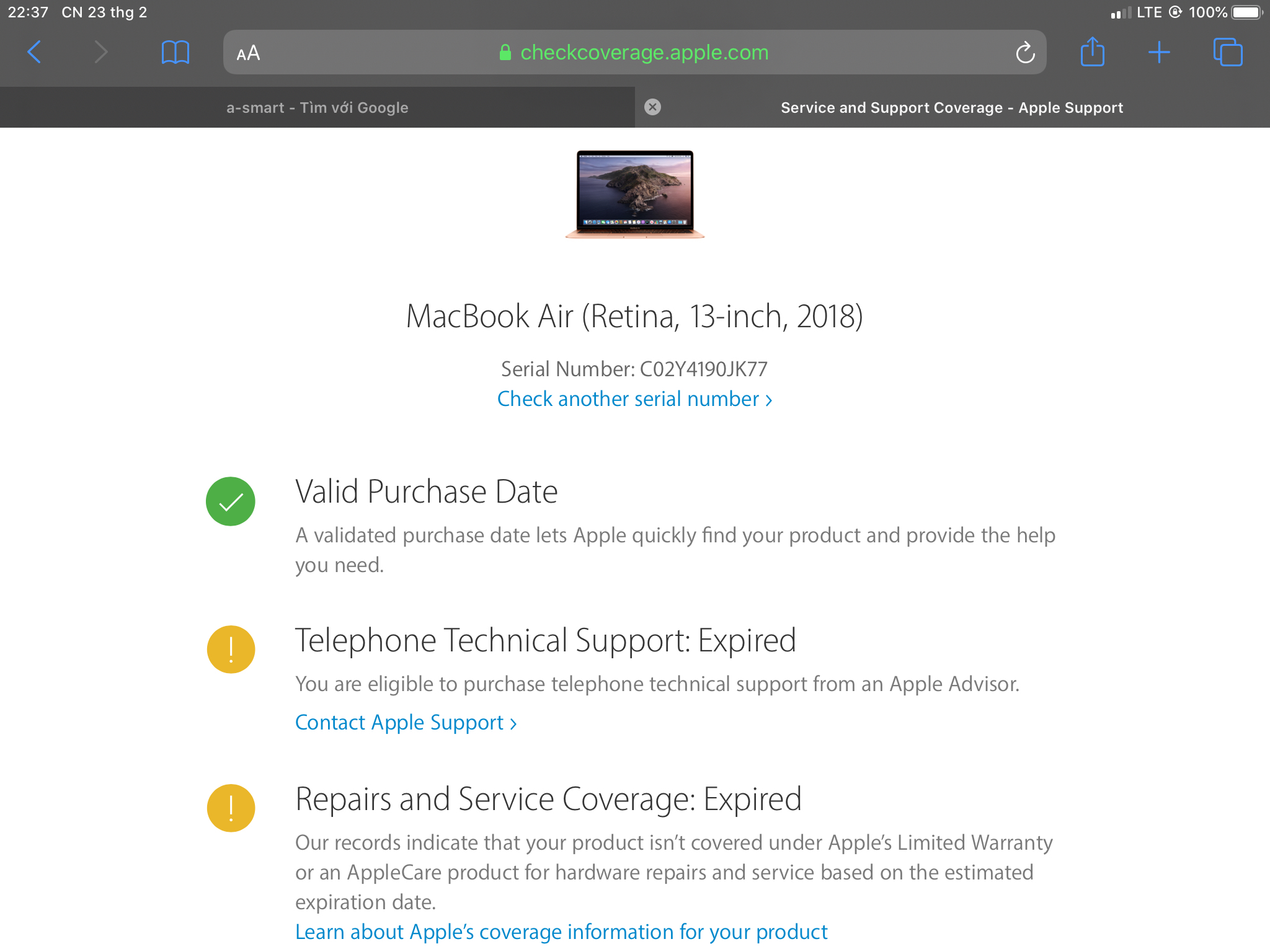 Mình mua con macbook air 2018 cpo của macone, mình mới check series ra thì thấy máy hết bh từ apple