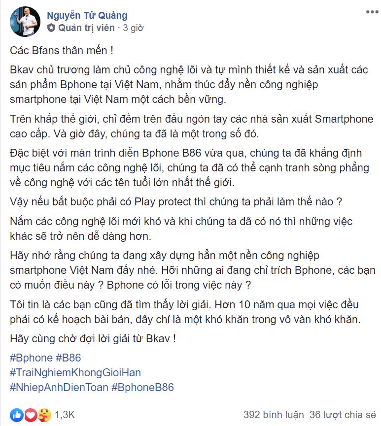 Chủ tịch Bkav nguyễn Tử Quảng chính thức có những chia sẻ về Bphone B86 không pass Play Protect