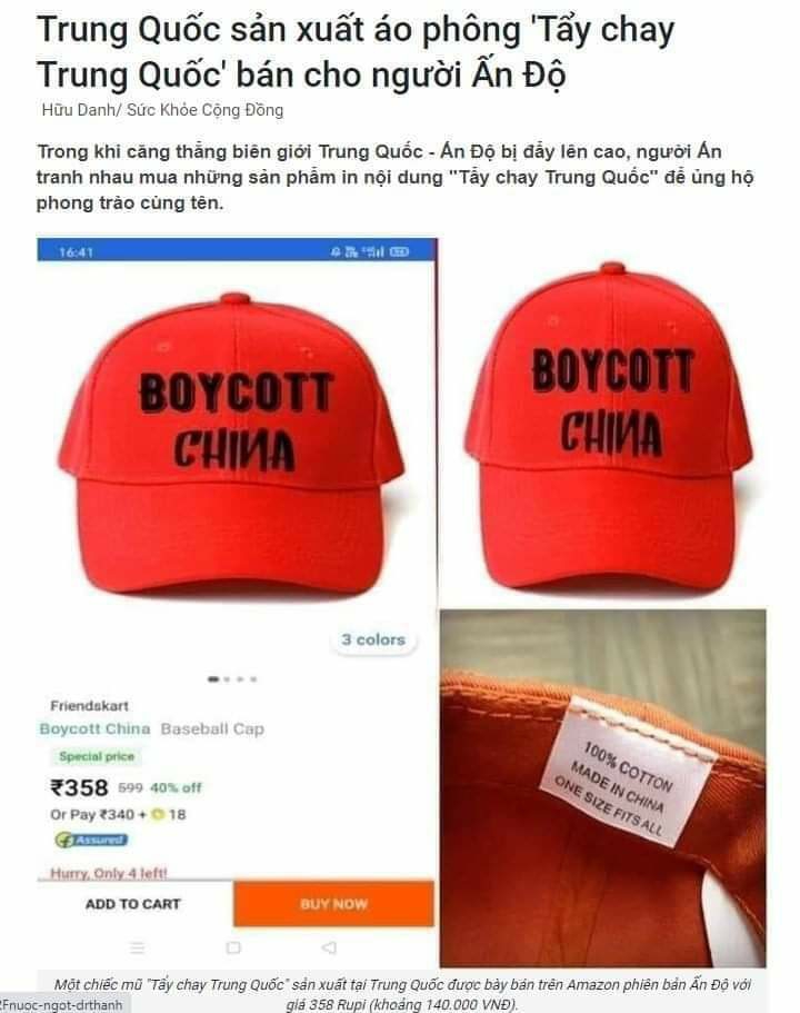 Trung Quốc sản xuất mũ "Tẩy chay Trung Quốc" rồi bán cho người Ấn Độ (st)