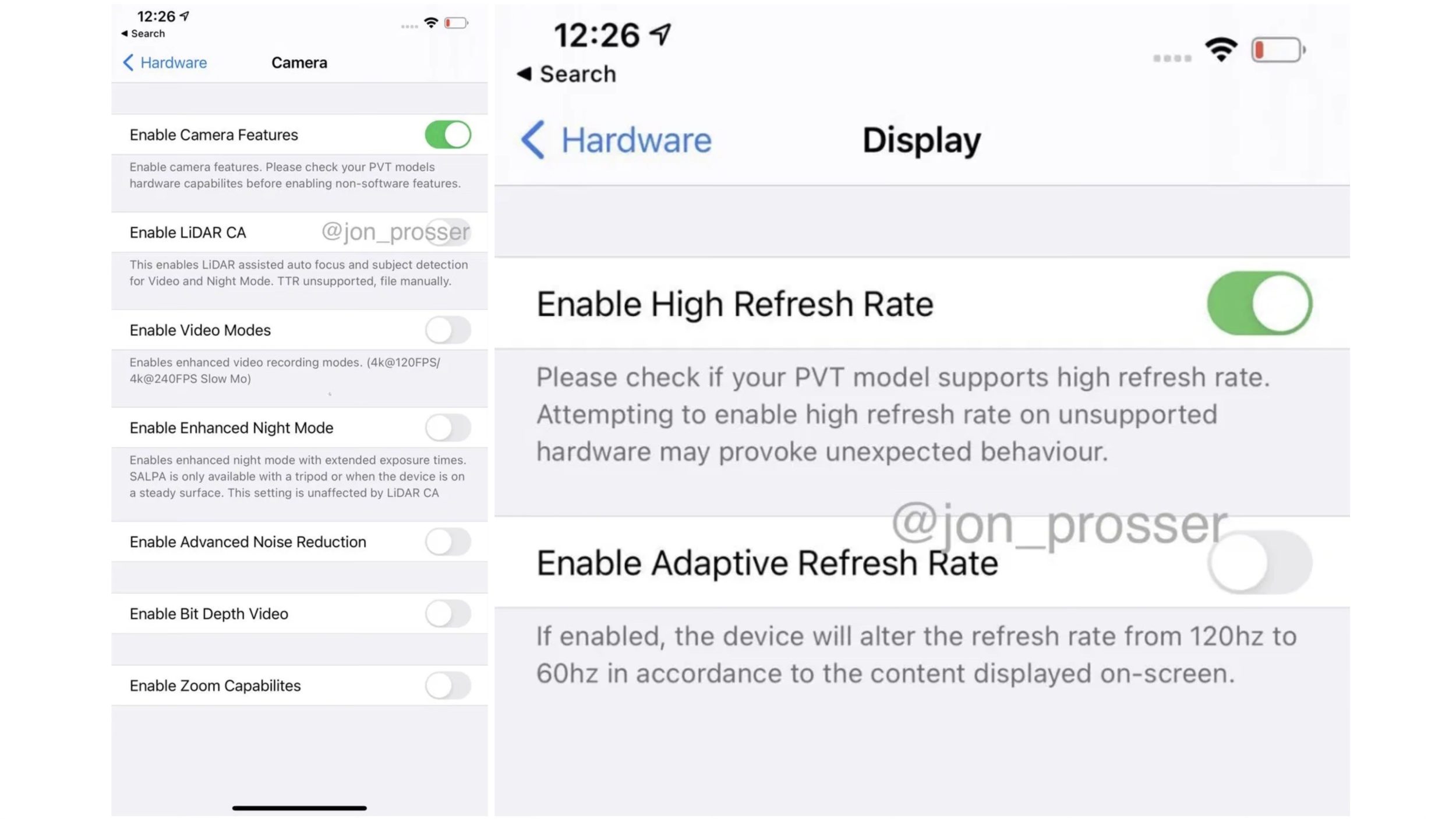 Hình screenshot cho thấy iPhone 12 Pro Max sẽ có màn hình 120Hz