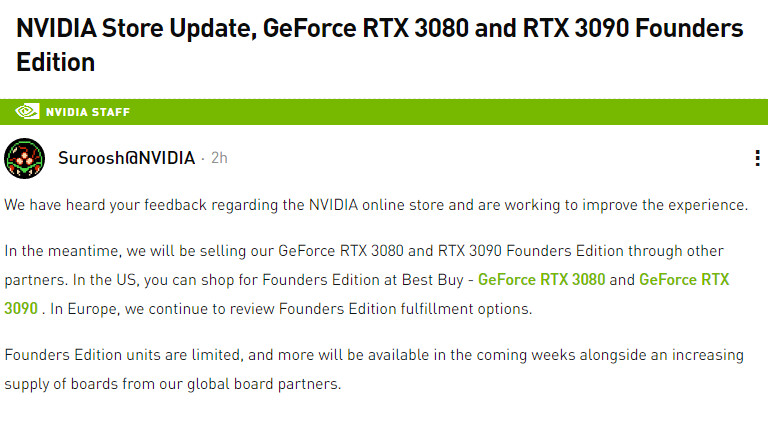 NVIDIA Không bán RTX 3080/3090 FE trên online store