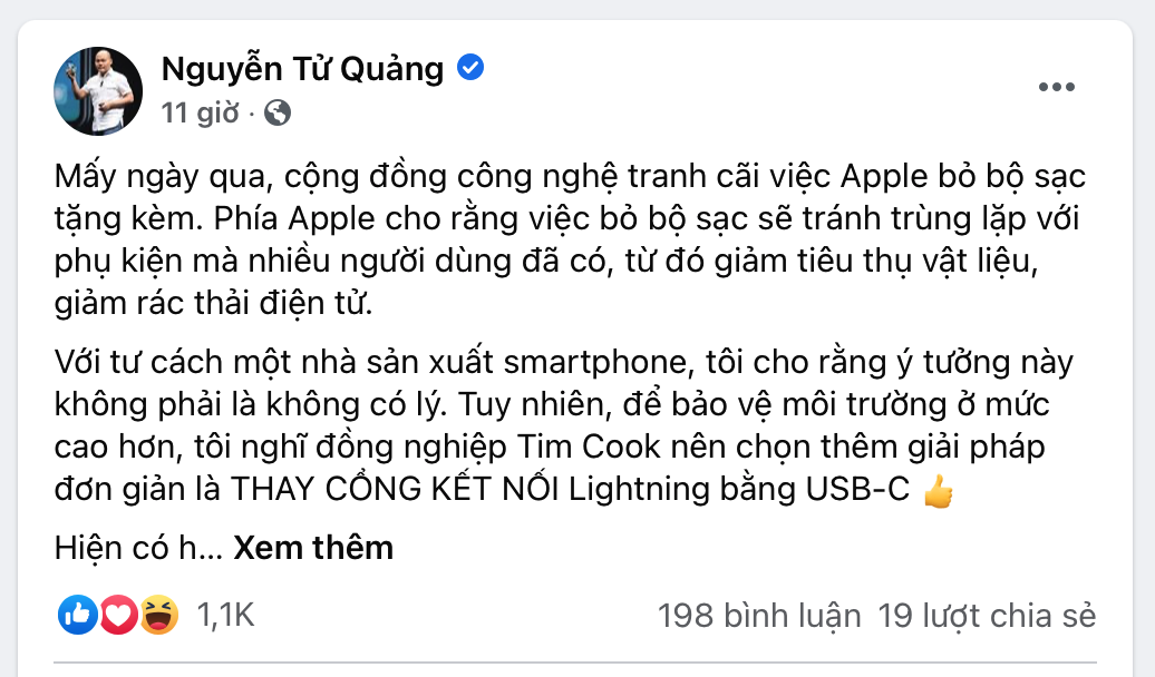 Anh Quảng (BKAV) nói về việc Apple không kèm bộ sạc iPhone