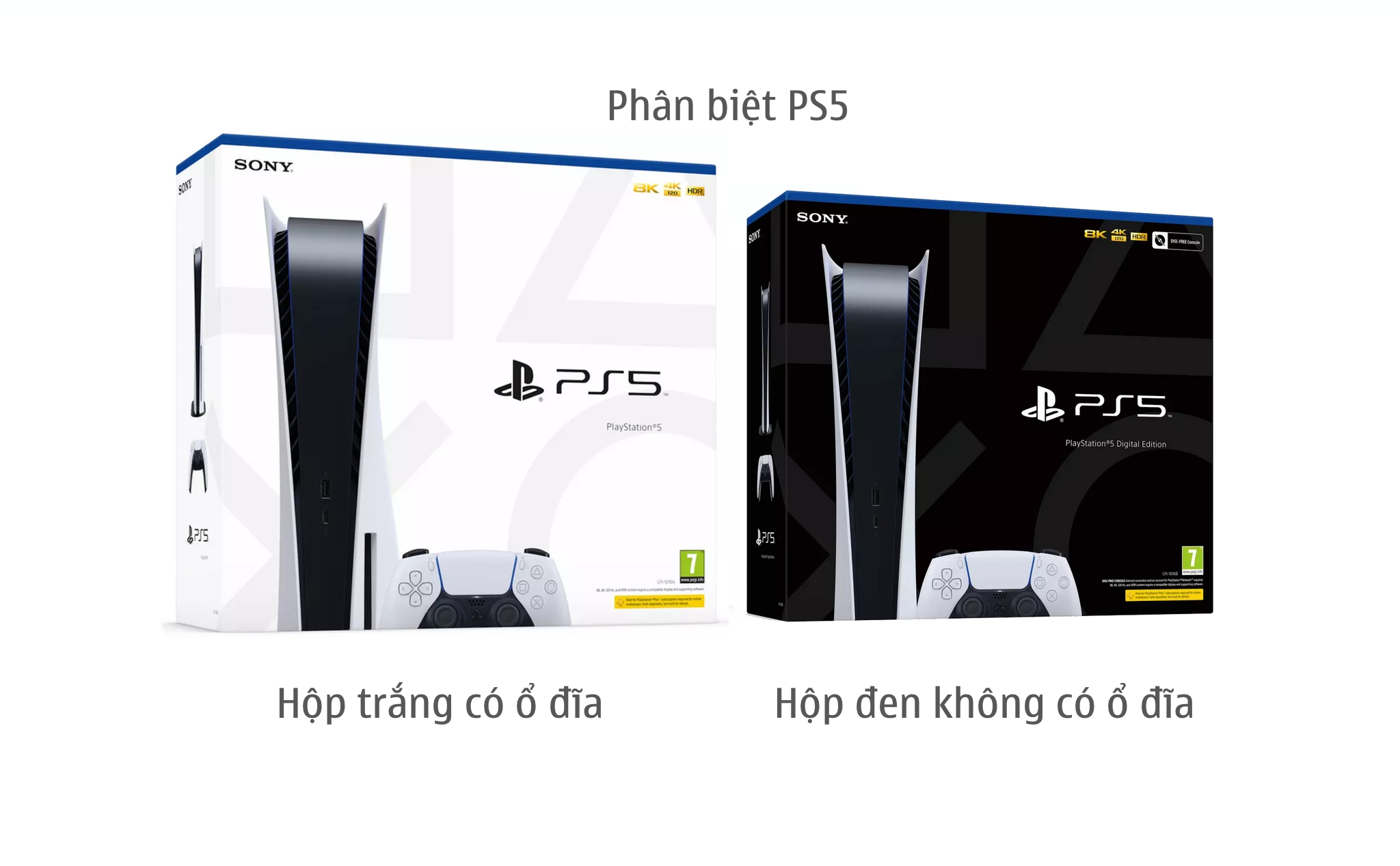 Phân biệt PS5 bản ổ đĩa và bản Digital qua hộp: PS5 có ổ đĩa hộp màu trắng