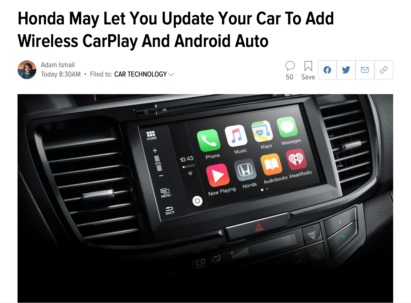 Honda có thể sẽ phát hành bản cập nhật cho phép Apple CarPlay kết nối wireless với các xe đời cũ