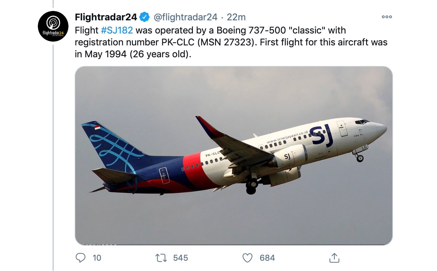Boeing 737-500 của Sriwijaya Air mất liên lạc sau khi vừa cất cánh ở Jakarta