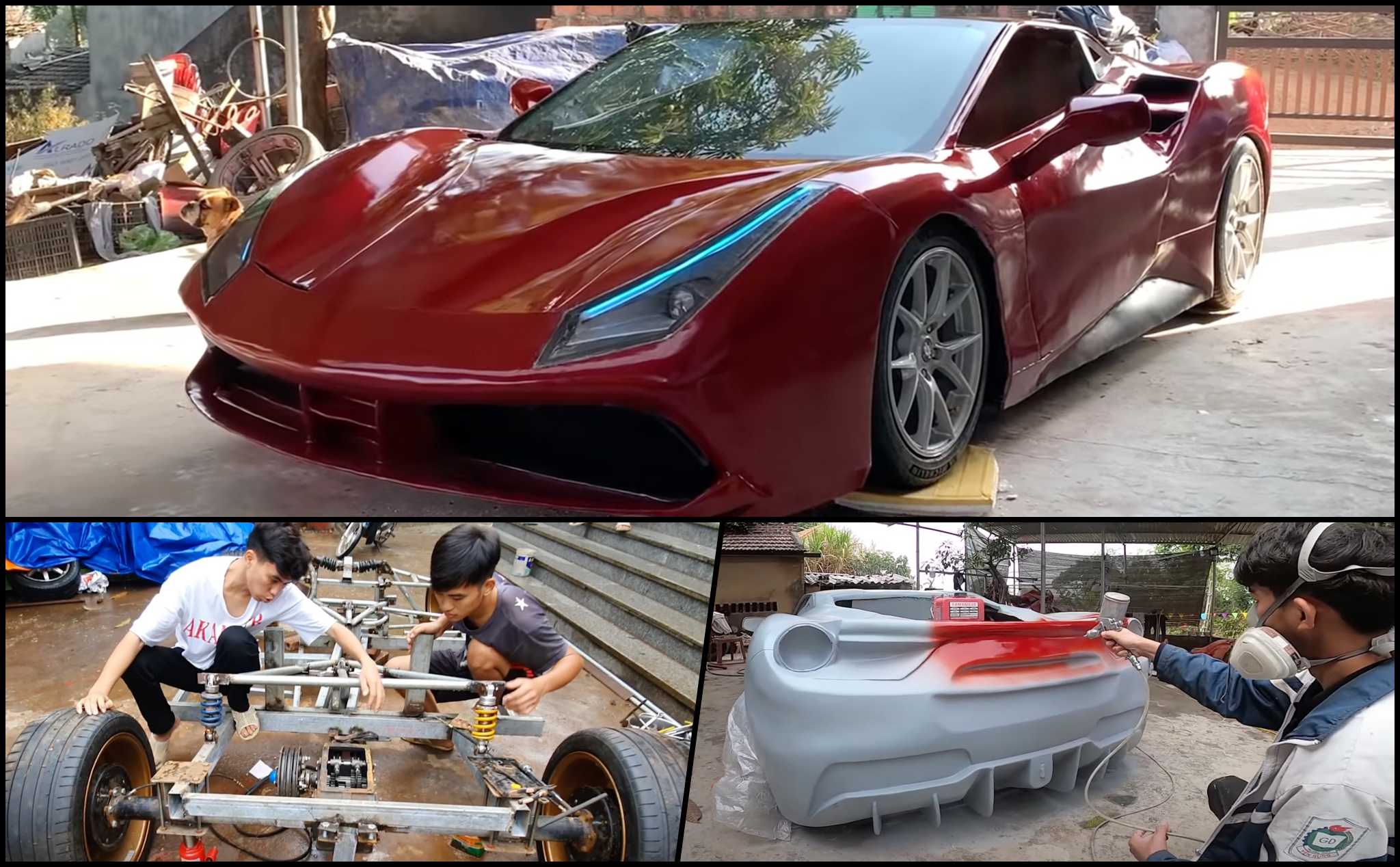 [Video] Thanh niên Việt Nam tự làm xe ô tô có bề ngoài như Ferrari 488 GTB