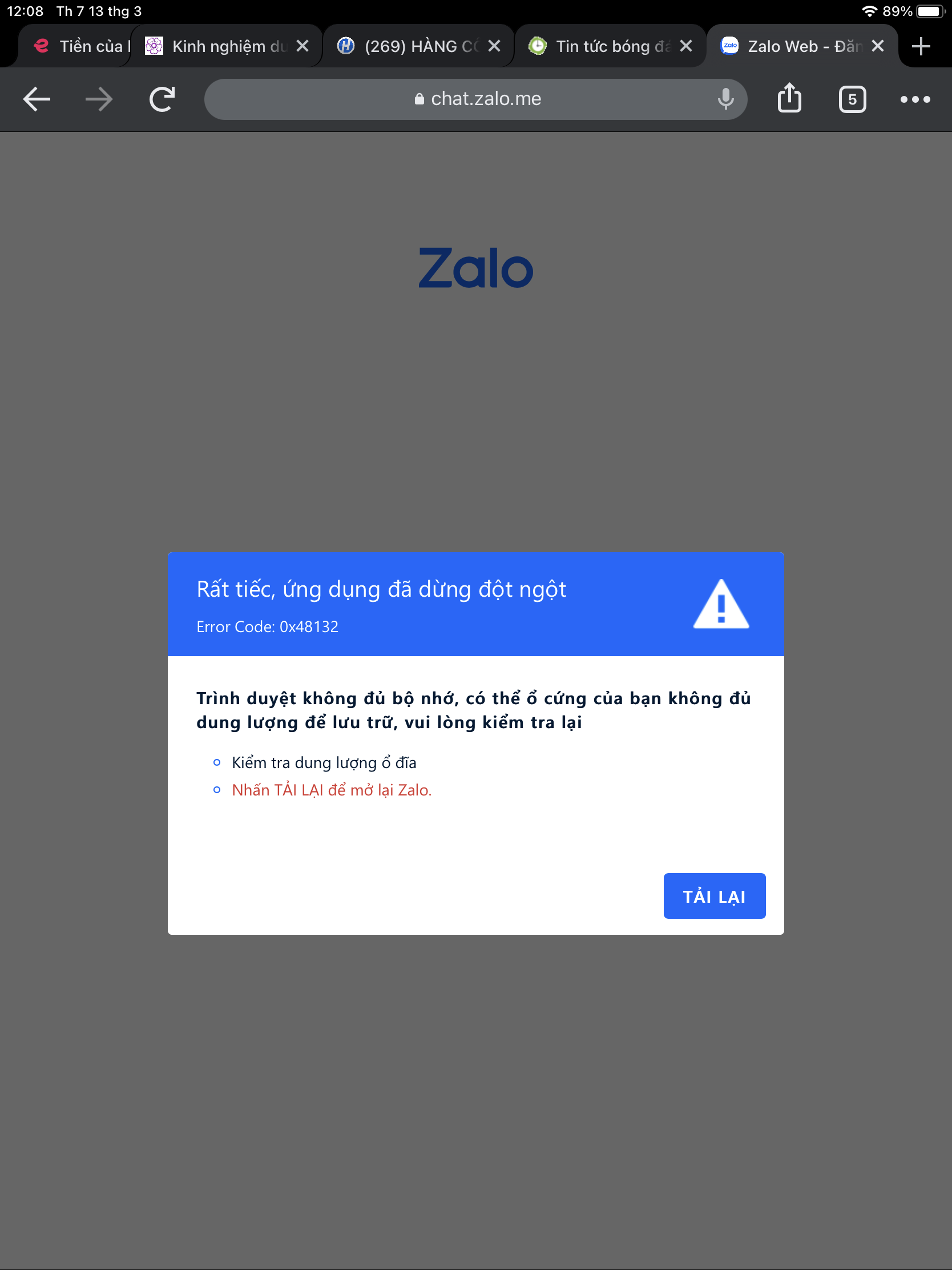 Zalo web liên tục báo lỗi khi mở trên Chrome