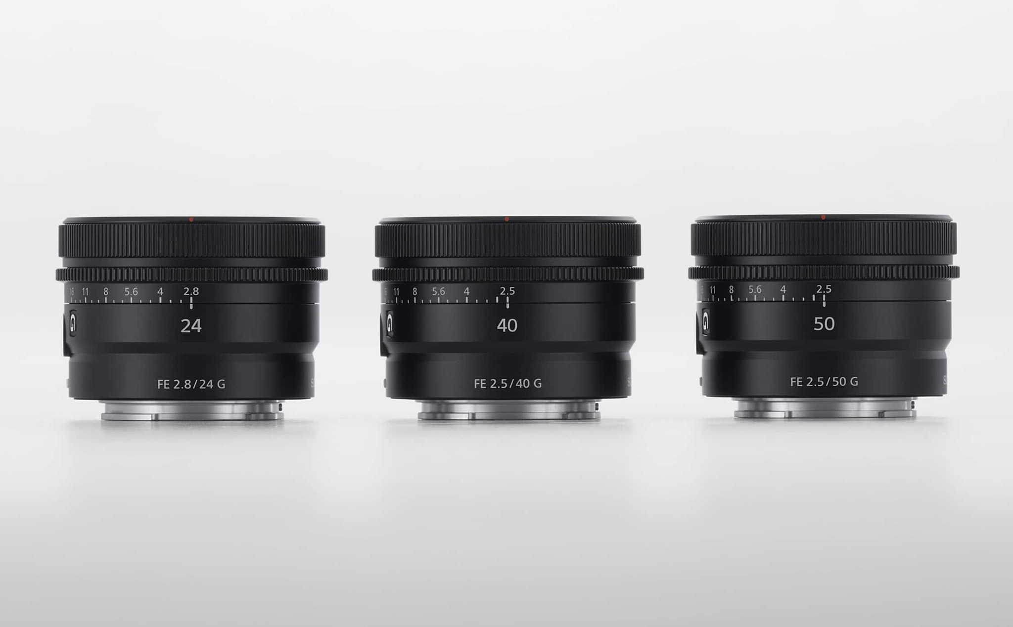 Sony ra mắt 3 ống kính Prime: 24mm F2.8 G, 40mm F2.5 G, 50mm F2.5 G có kích thước bằng nhau