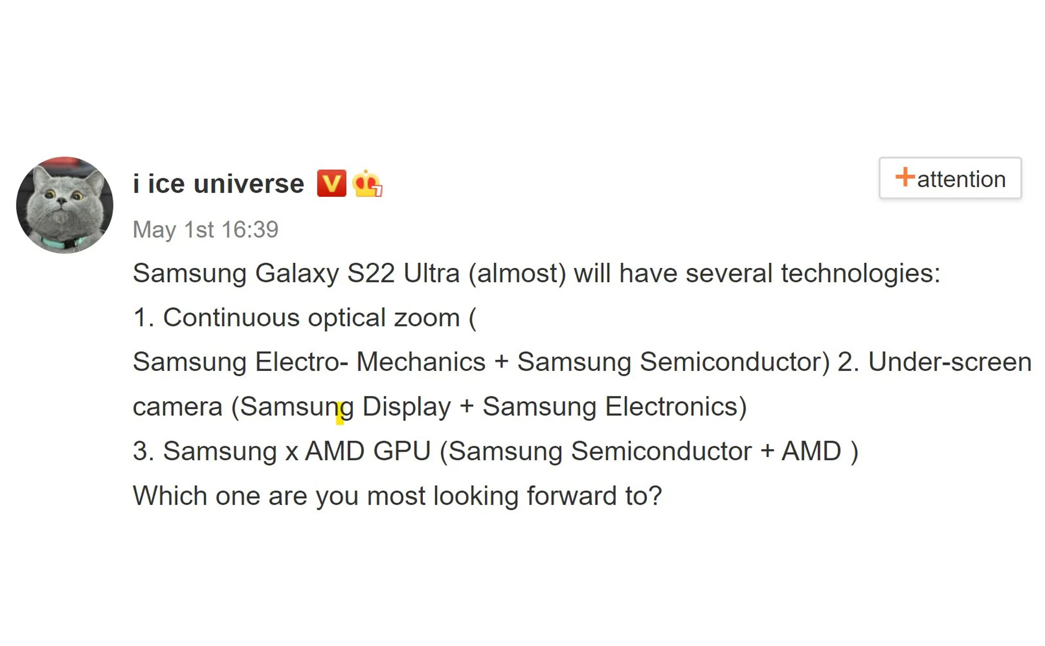 Ice Universe: Galaxy S22 Ultra sẽ có camera “zoom liên tục”, camera selfie dưới màn hình, GPU AMD?