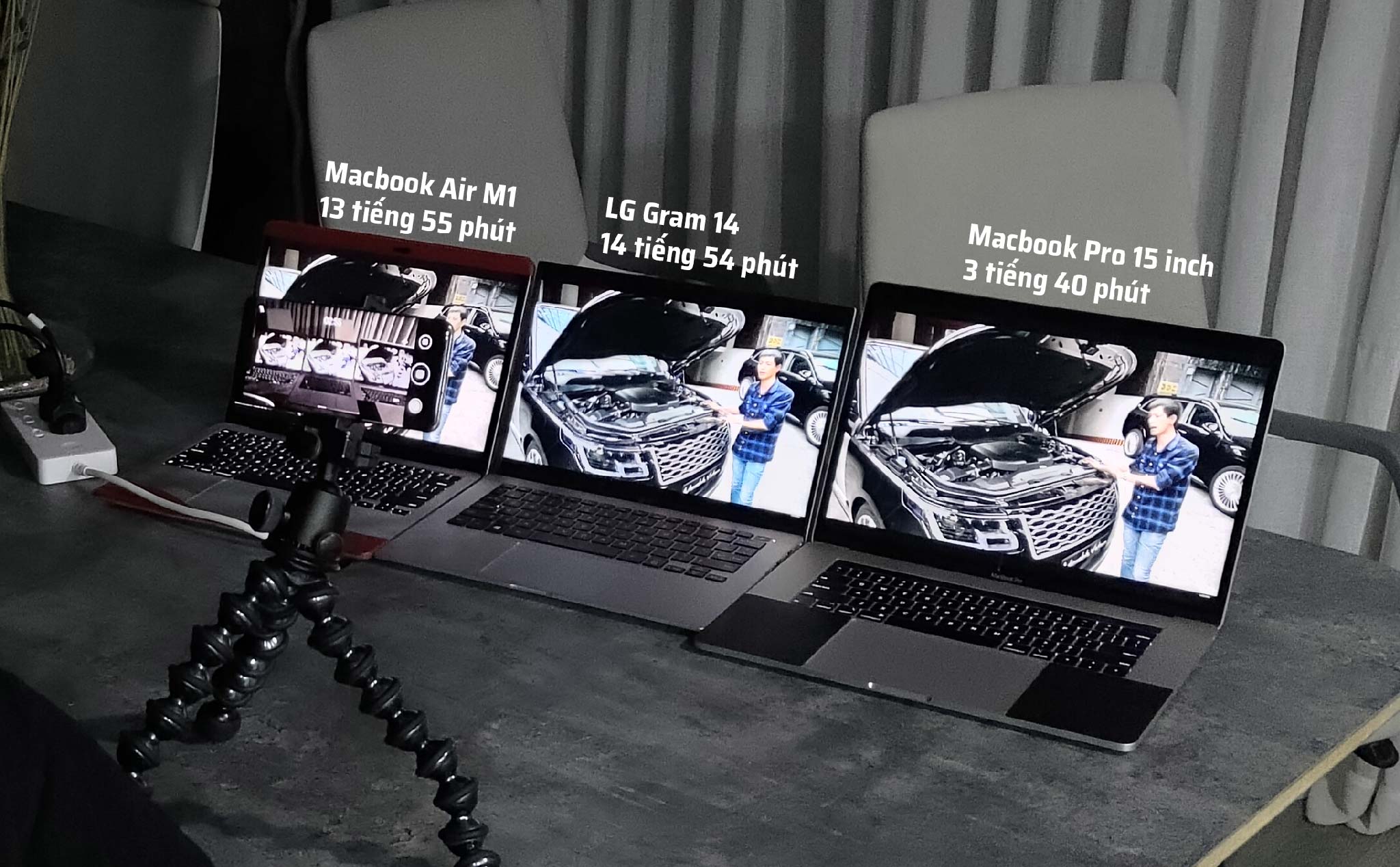 So sánh nhanh pin Macbook Air M1 vs LG Gram 14 vs Macbook Pro 15