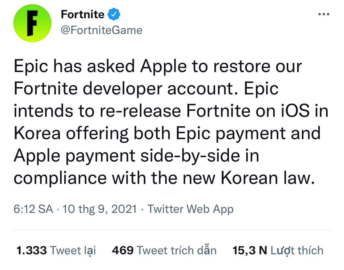 Epic thông báo phát hành lại Fortnite cho iOS tại Hàn Quốc với hệ thống thanh toán của riêng mình.