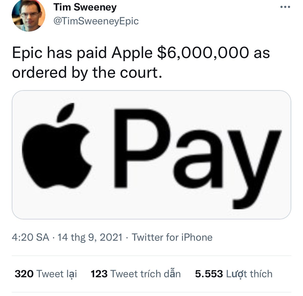 Tim Sweeney, CEO của ‌Epic Games‌ cho biết đã trả cho Apple 6.000.000 USD tiền vi phạm bản quyền.
