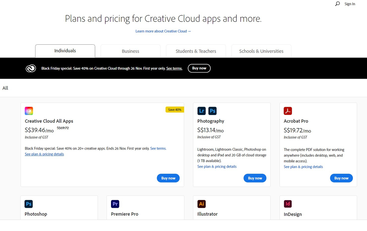 Adobe đang giảm giá khi mua bản quyền Creative Cloud 39,46$ một tháng (giá cũ 69,72$) hay một năm...