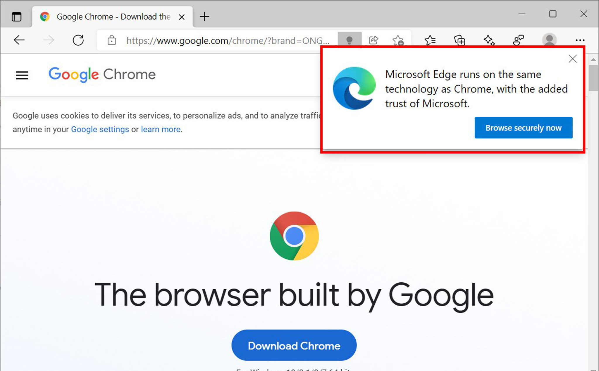 Microsoft Edge bắt đầu “cảnh báo” khi người dùng download Google Chrome