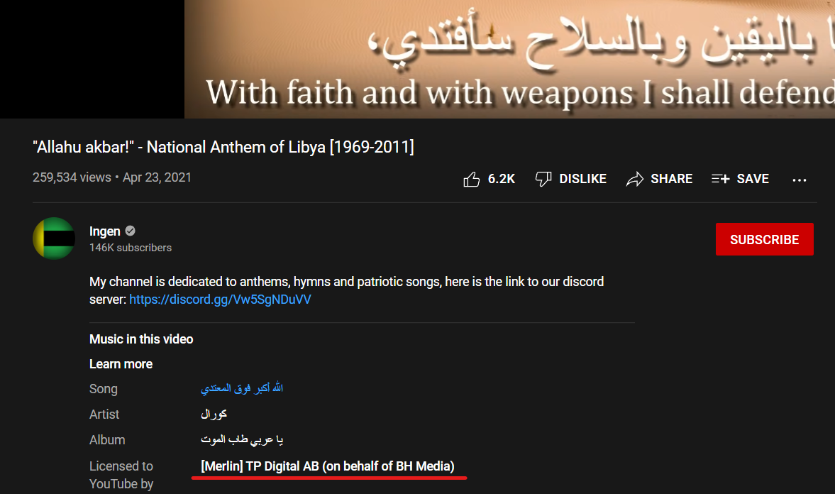BH Media còn nắm bản quyền bản quốc ca của Lybia trên YouTube