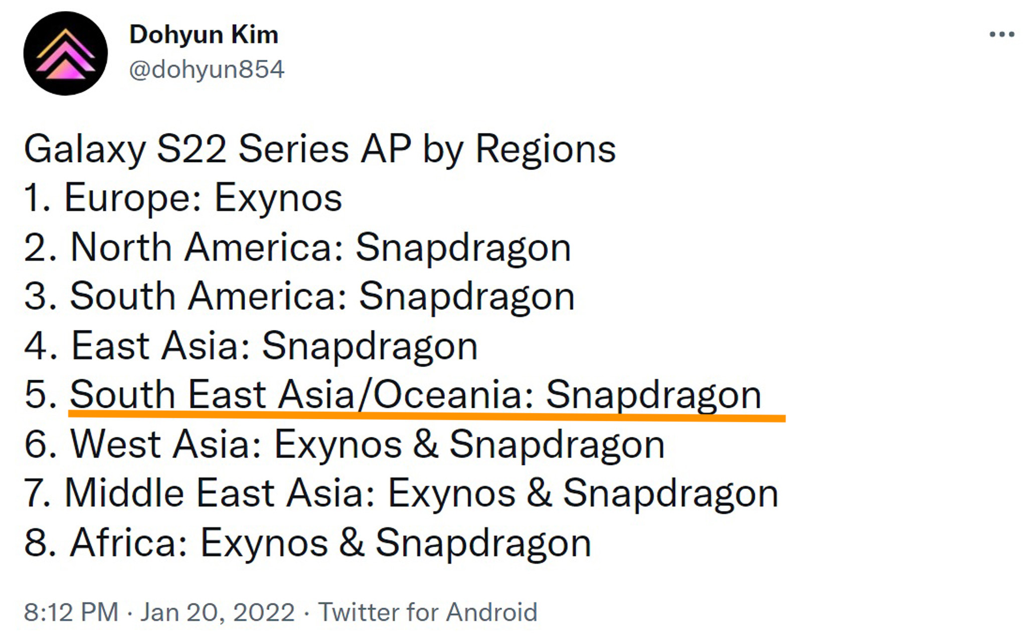 Danh sách khu vực bán Galaxy S22 Exynos/Snapdragon??