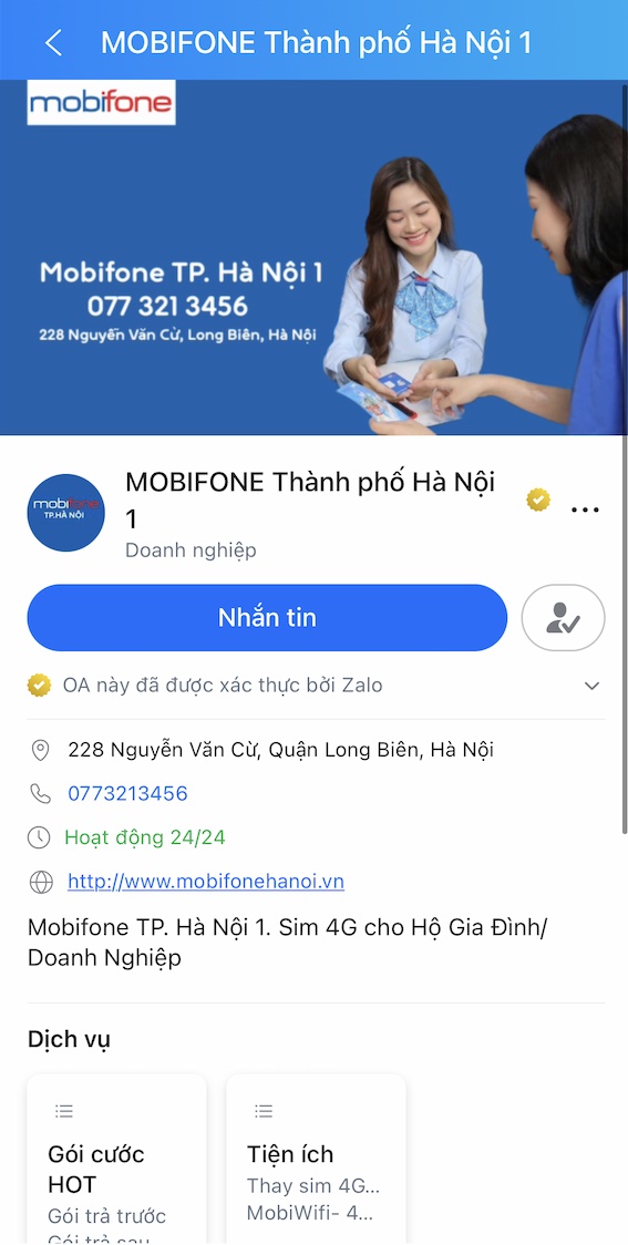 Đặt sim 4G trên ứng dụng Zalo chính thức của Mobifone Hà Nội