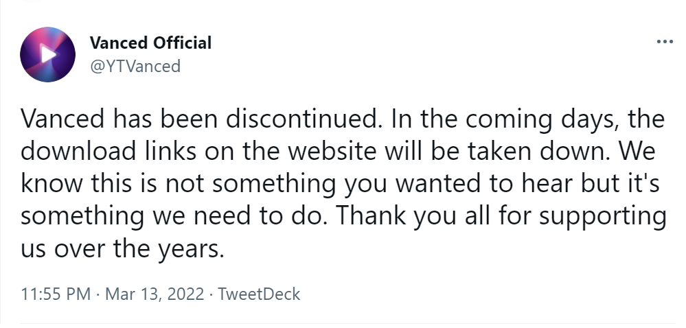Youtube Vanced chính thức ngừng hoạt động!