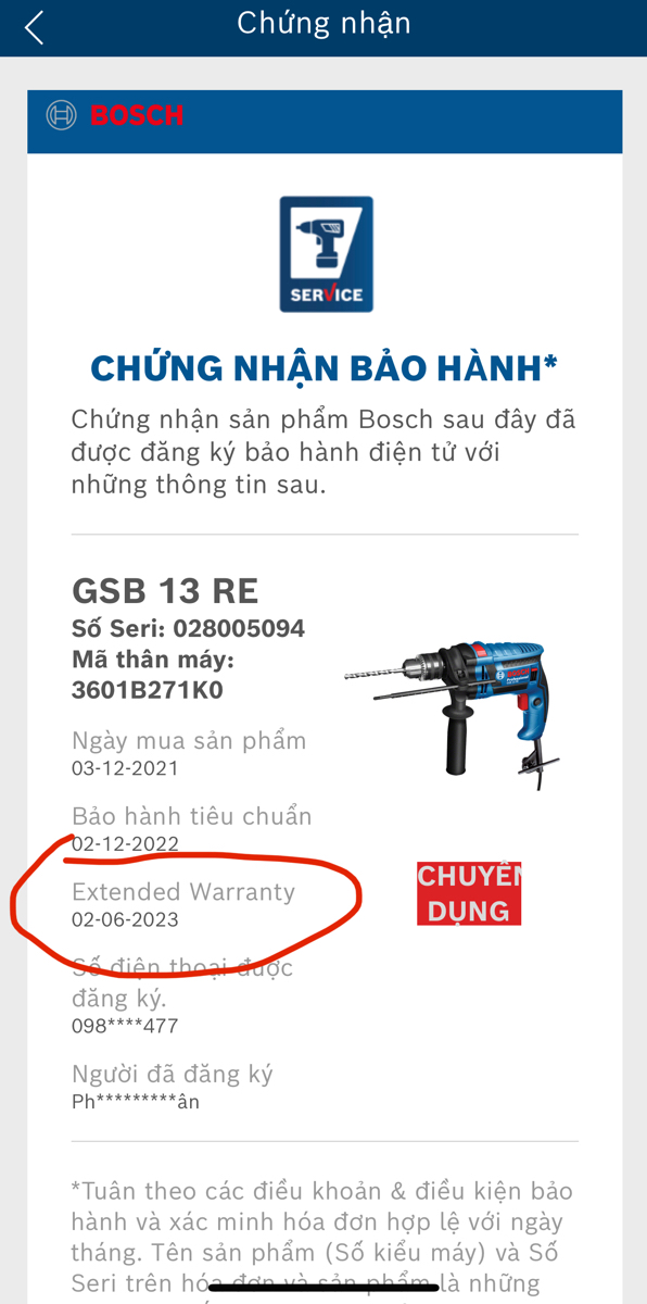 Đăng ký bảo hành qua app Bosch được cộng thêm 6 tháng nữa, thành 18 tháng. Biết là xài ít nó không