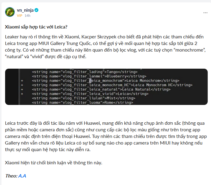 Xiaomi nên qua VN xin hợp tác với Wang Xao Lin vì Wang ăn đứt Leica luôn mà