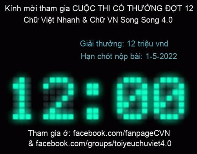 CUỘC THI CÓ THƯỞNG ĐỢT 12

Chữ Việt Nhanh & Chữ VN Song Song 4.0