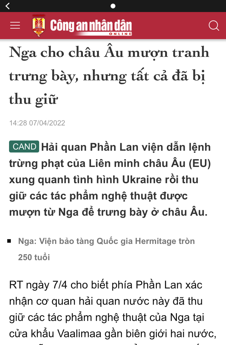 Các tác phẩm bị Phần Lan thu giữ gồm nhiều bức tranh, tượng điêu khắc thuộc Bảo tàng Tretyakov nổi