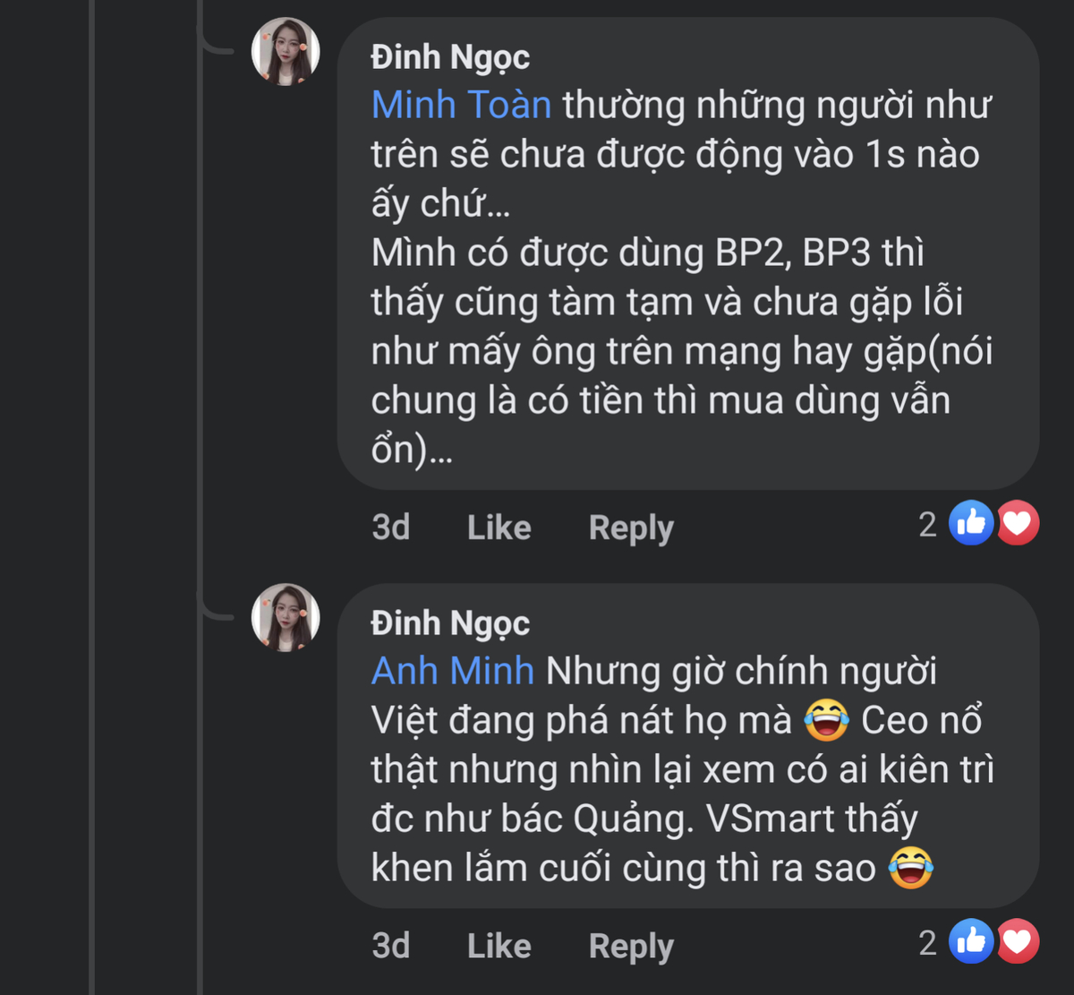 Theo mình thấy thì Bphone nó đánh vào thị trường tầm trung + cận cao cấp, còn Vsmart đánh vào giá...