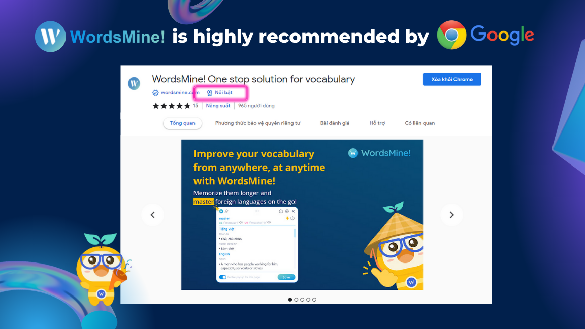 WordsMine Extension được nhận huy hiệu nổi bật từ Google