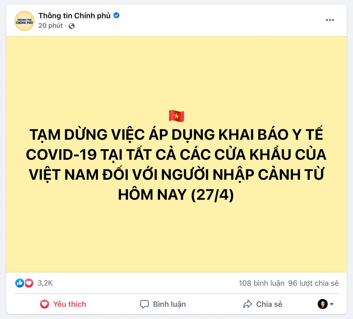 TẠM DỪNG VIỆC ÁP DỤNG KHAI BÁO Y TẾ COVID-19 TẠI TẤT CẢ CÁC CỬA KHẨU CỦA VIỆT NAM ĐỐI VỚI NGƯỜI...