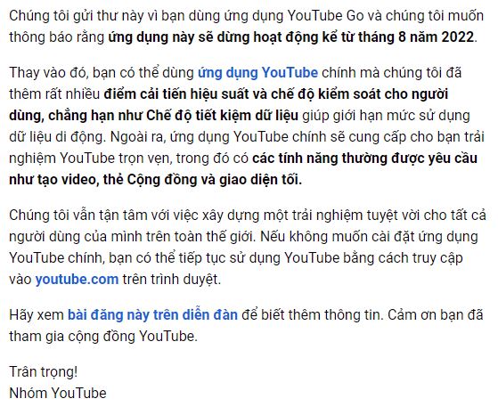 Ứng dụng YouTube Go sẽ chính thức dừng hoạt động vào tháng 8/2022