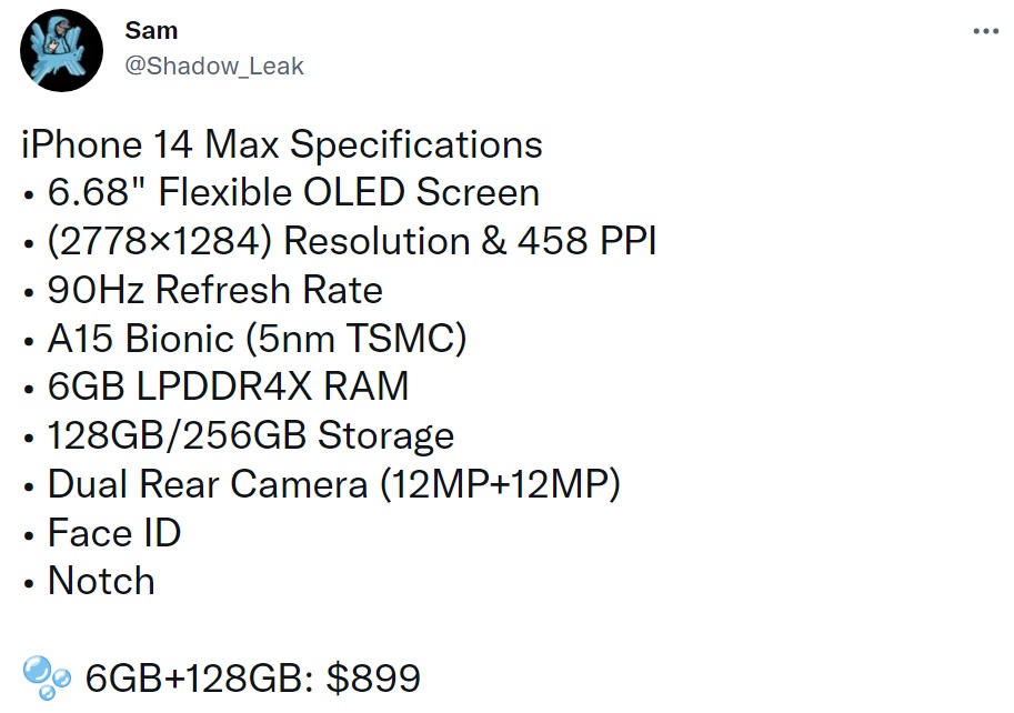 Lộ thông số iPhone 14 Max: 6GB RAM, màn hình OLED 90Hz?