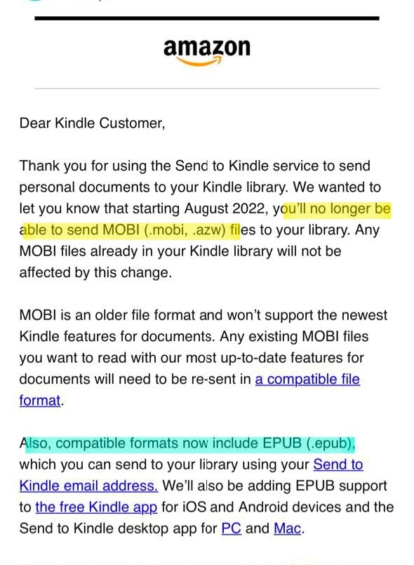 Kindle ngưng hỗ trợ gởi file MOBI qua email, chính thức hỗ trợ gởi ePub qua mail