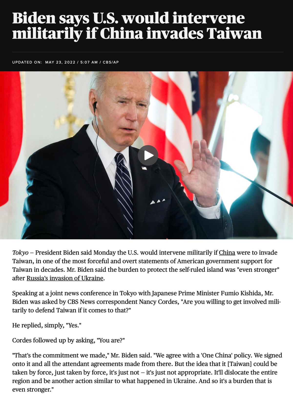 Biden nói sẽ can thiệp quân sự nếu TQ xâm lược Đài Loan.